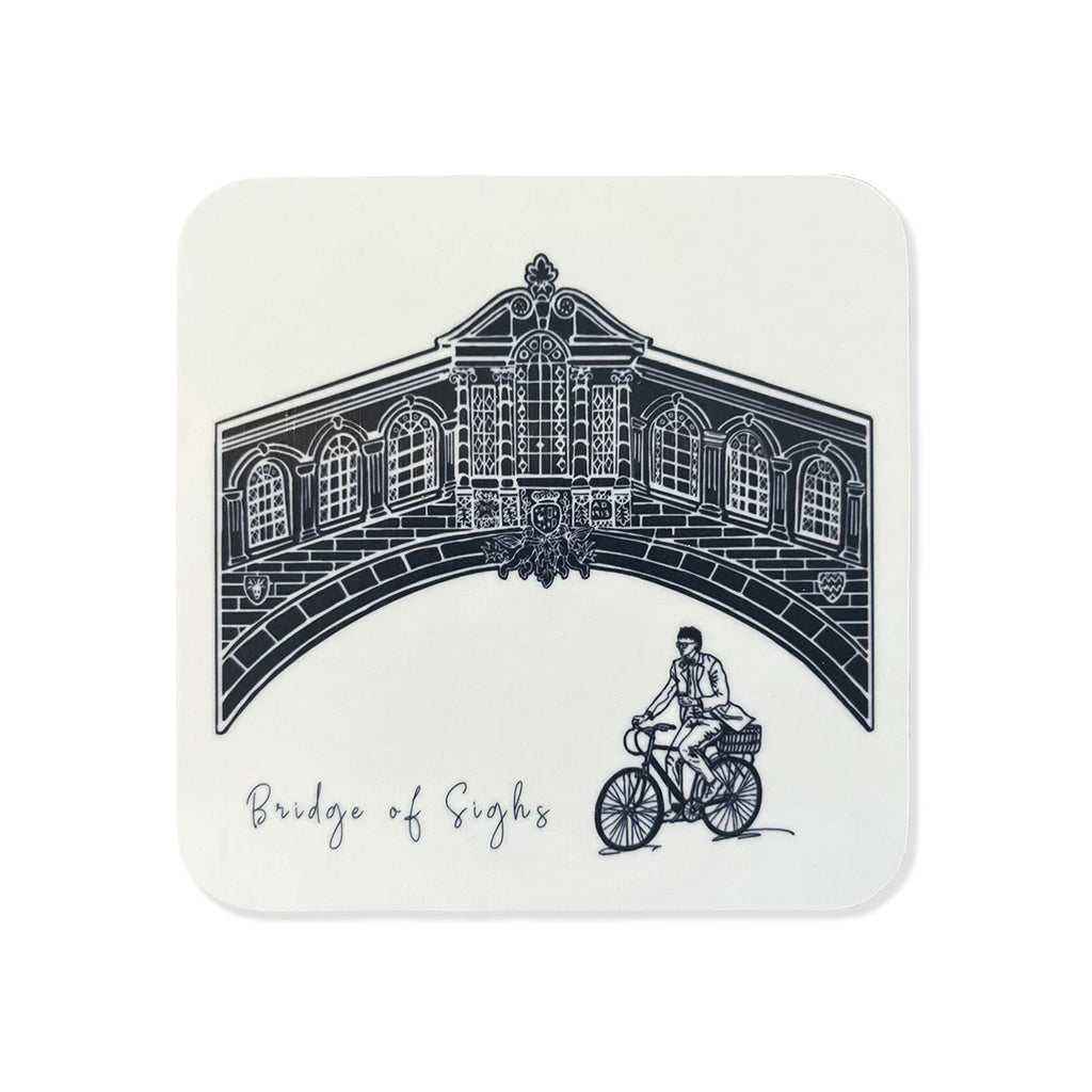 Coaster with illustration of the Bridge of Sighs and a cyclist, on a white background