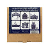 Packaging of coasters with illustrations of Oxford architecture on a blue and brown background.