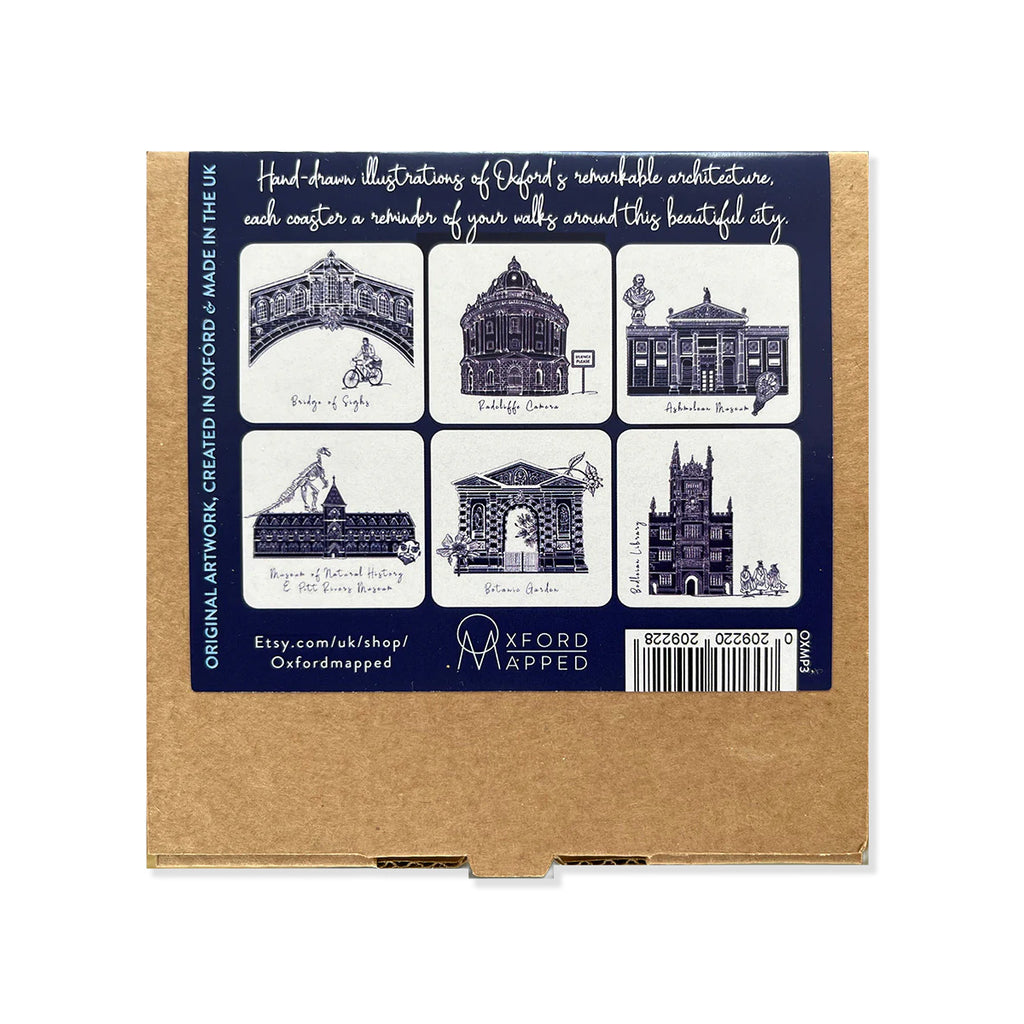 Packaging of coasters with illustrations of Oxford architecture on a blue and brown background.