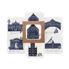 6 different drinks coasters with drawings of notable Oxford landmark buildings from the University in Blue and white.