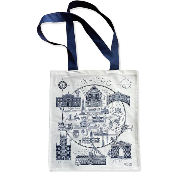 Tote bag with a map of Oxford and a blue ribbon on a white background