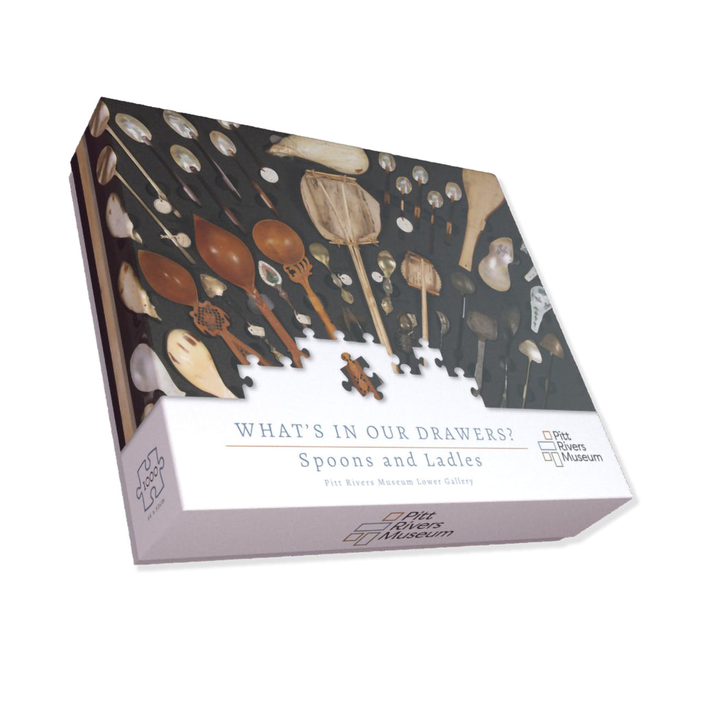 Box with illustrations of spoons and ladles and text about the Pitt Rivers Museum.
