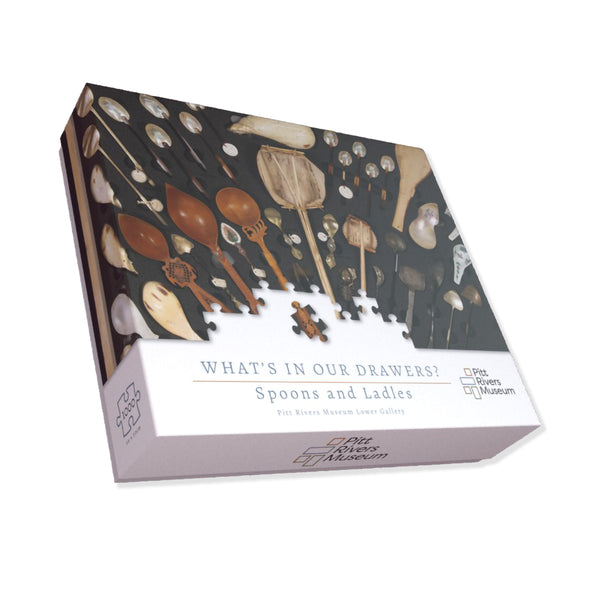 Box with illustrations of spoons and ladles and text about the Pitt Rivers Museum.