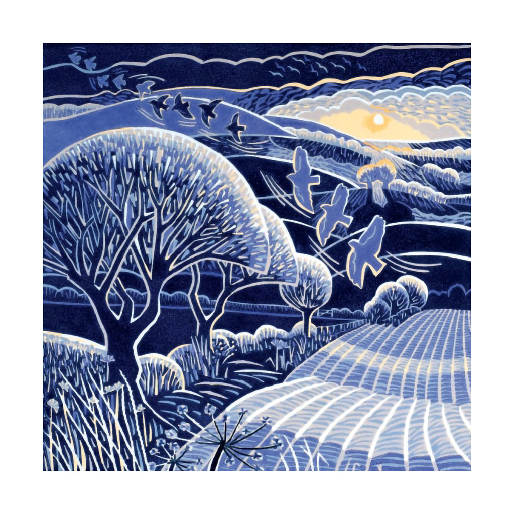 Artistic depiction of an early morning sunrise in the countryside, with flying birds and trees in a blue, yellow white and orange colourway.