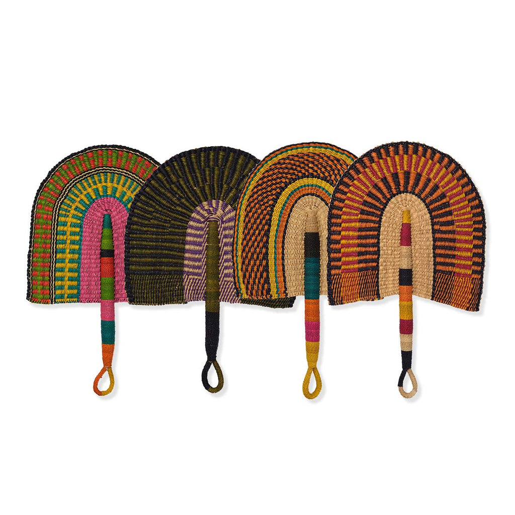 Set of colorful woven fans with handles on a white background