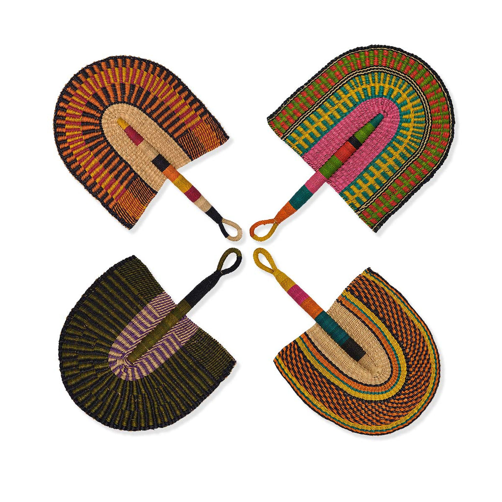 Four colorful hand-woven fans on a white background