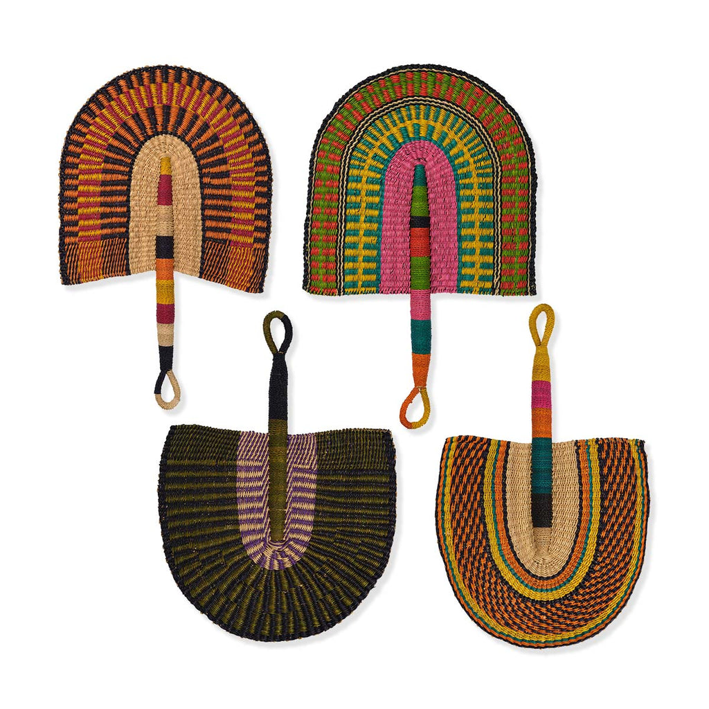 Set of colorful woven bags with handles on a white background