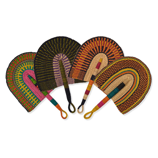 Set of four colorful hand fans with patterned handles on a white background