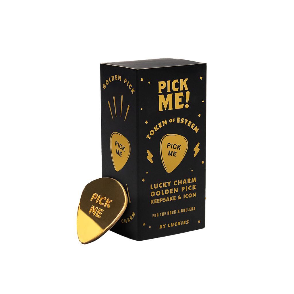 Gold guitar pick with 'Pick Me!' text on a black box with similar text, on a white background.