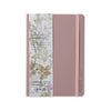 Pink leather notebook in A5 size with roses and flowers band on a white background. 