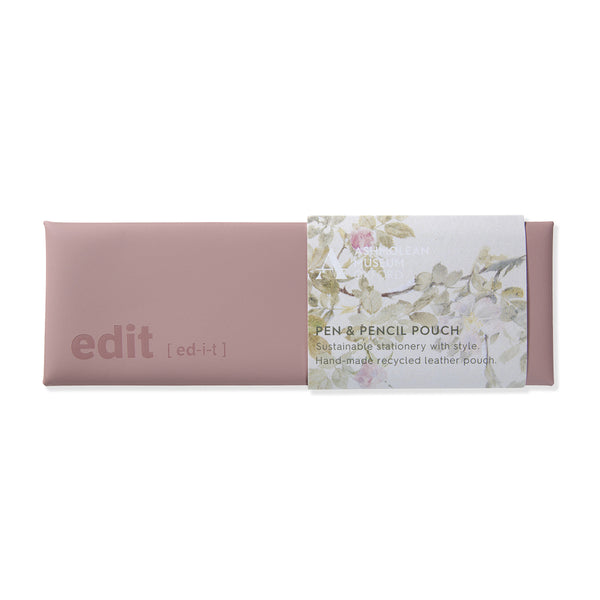 Pink pen and pencil pouch with floral design label on a white background