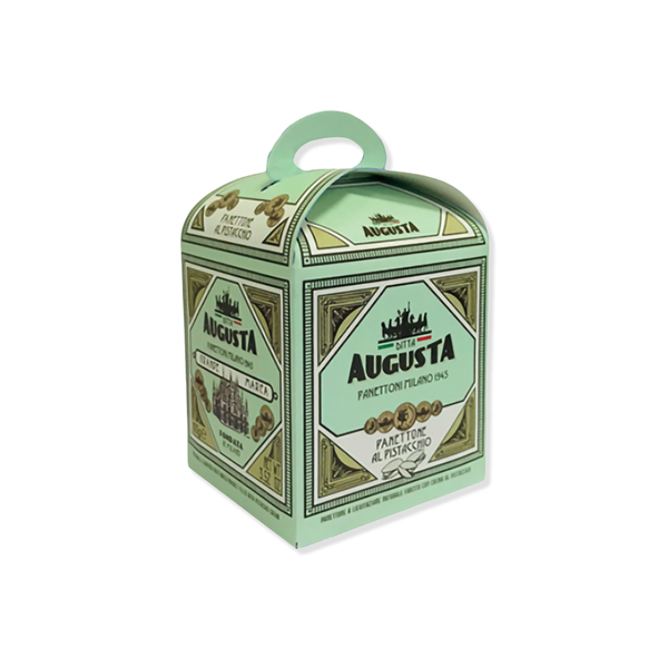 Pistachio cream panettone in green packaging box with 'Augusta Panettoni' branding on a white background