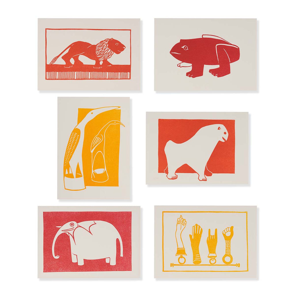 Set of 6 linocut postcards in red and yellow colours of Pitt Rivers Museum objects on a white background