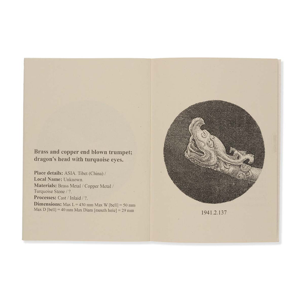 Open book with illustration of a dragon's head and text on a beige background