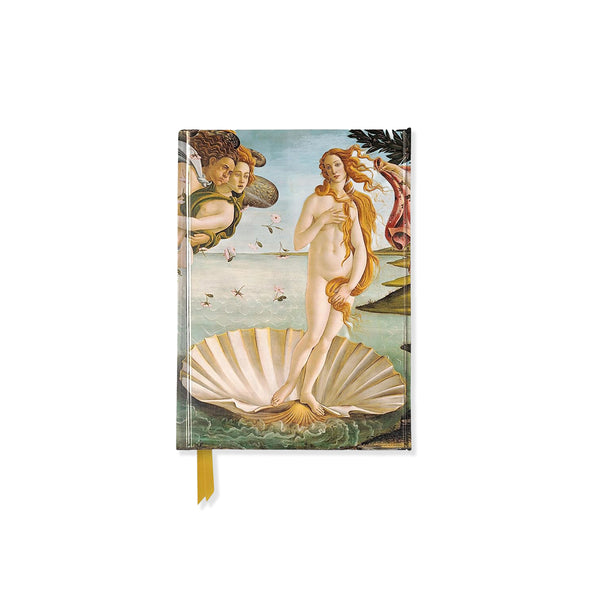 A hardcover notebook featuring Sandro Botticelli's classic painting 'The Birth of Venus' on its cover, complete with a yellow ribbon bookmark.