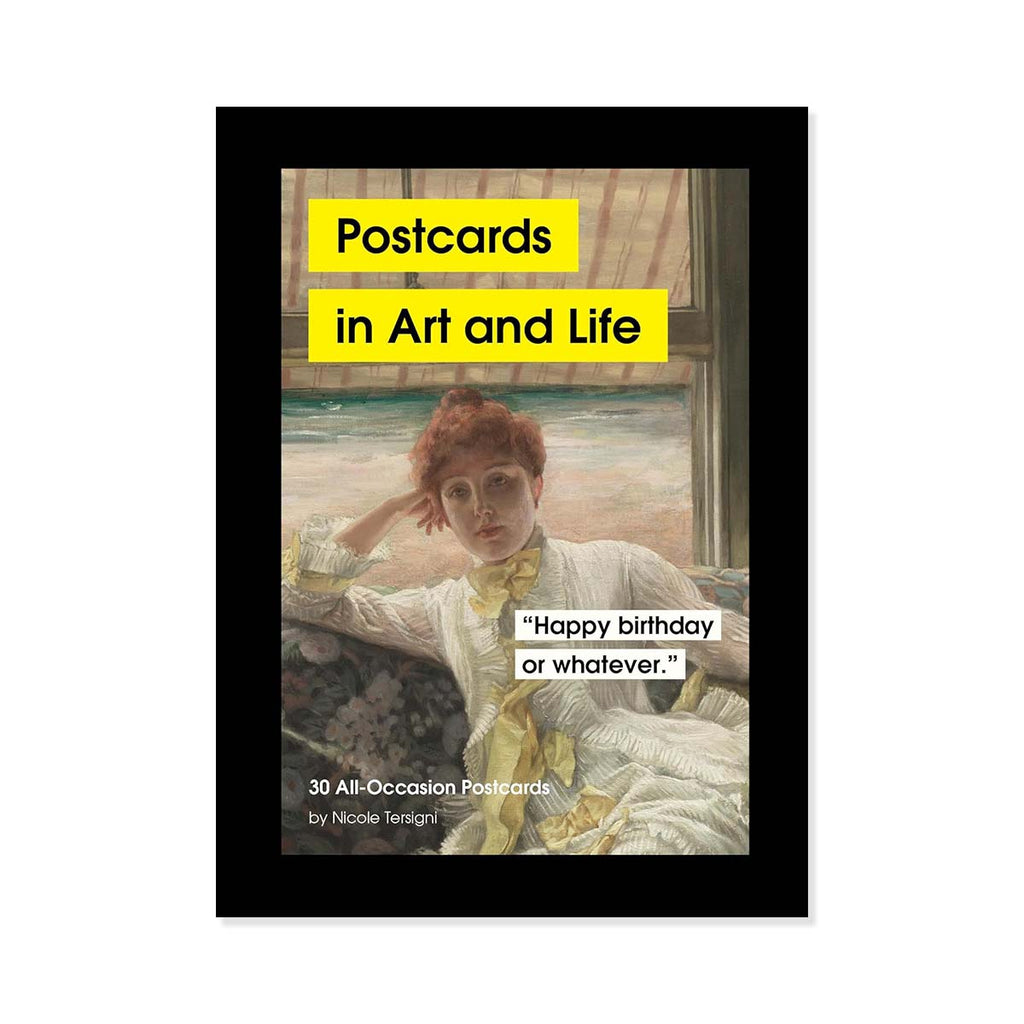Postcard book cover of 'Postcards in Art and Life' with a woman in a yellow dress and text.