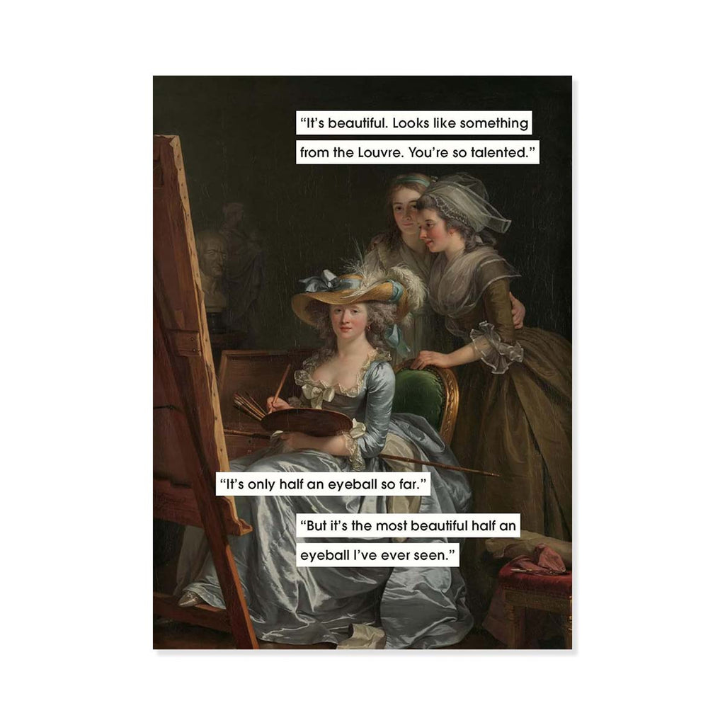 Artistic depiction of a woman painting with humorous text overlay on a white background