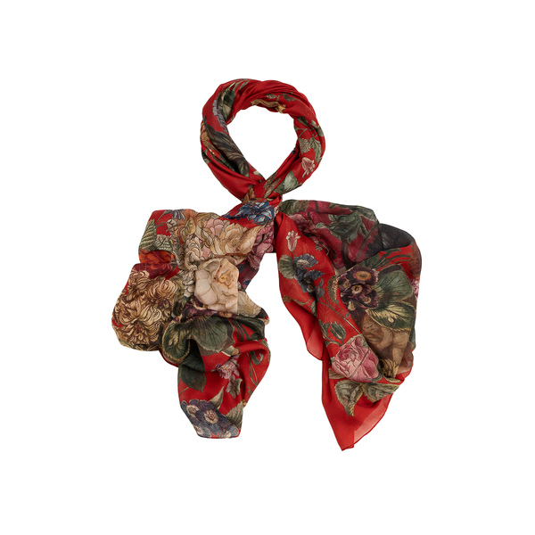 Red and Floral patterned scarf on a white background