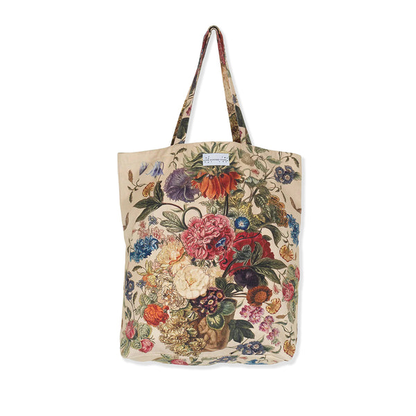 Multicoloured floral tote bag in neutral stone colourway on a white background