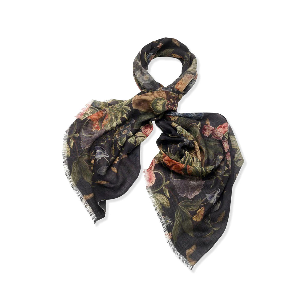 black wool scarf with floral pattern on a white background