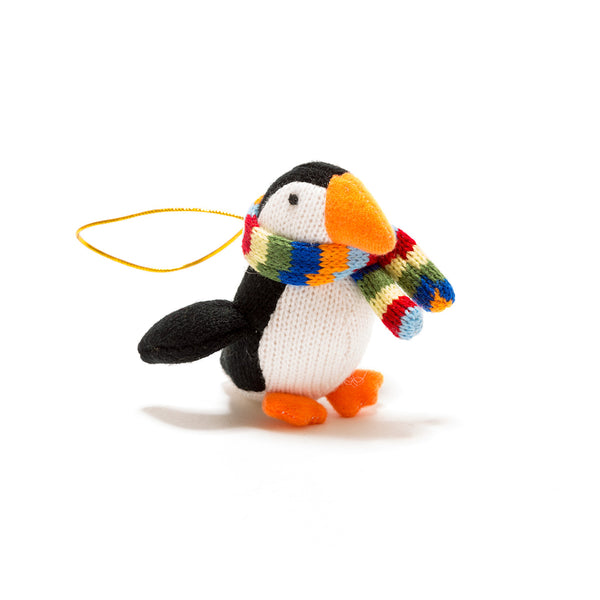 Knitted Puffin Decoration with Stripe Scarf