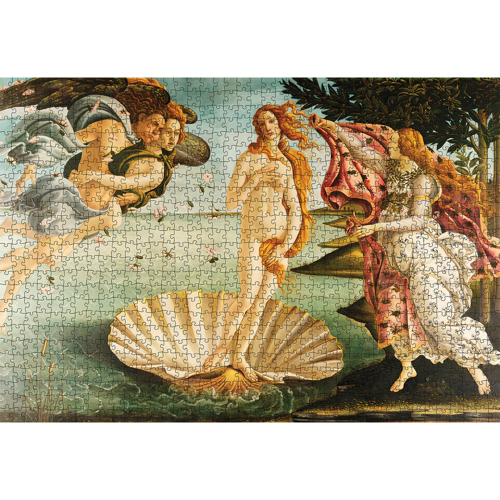 Completed 1,000 piece jigsaw puzzle showing final scene of Sandro Botticelli's 'The Birth of Venus' centred on a white background, with the artwork showing Venus standing on a shell and surrounding figures in a classical scene. 