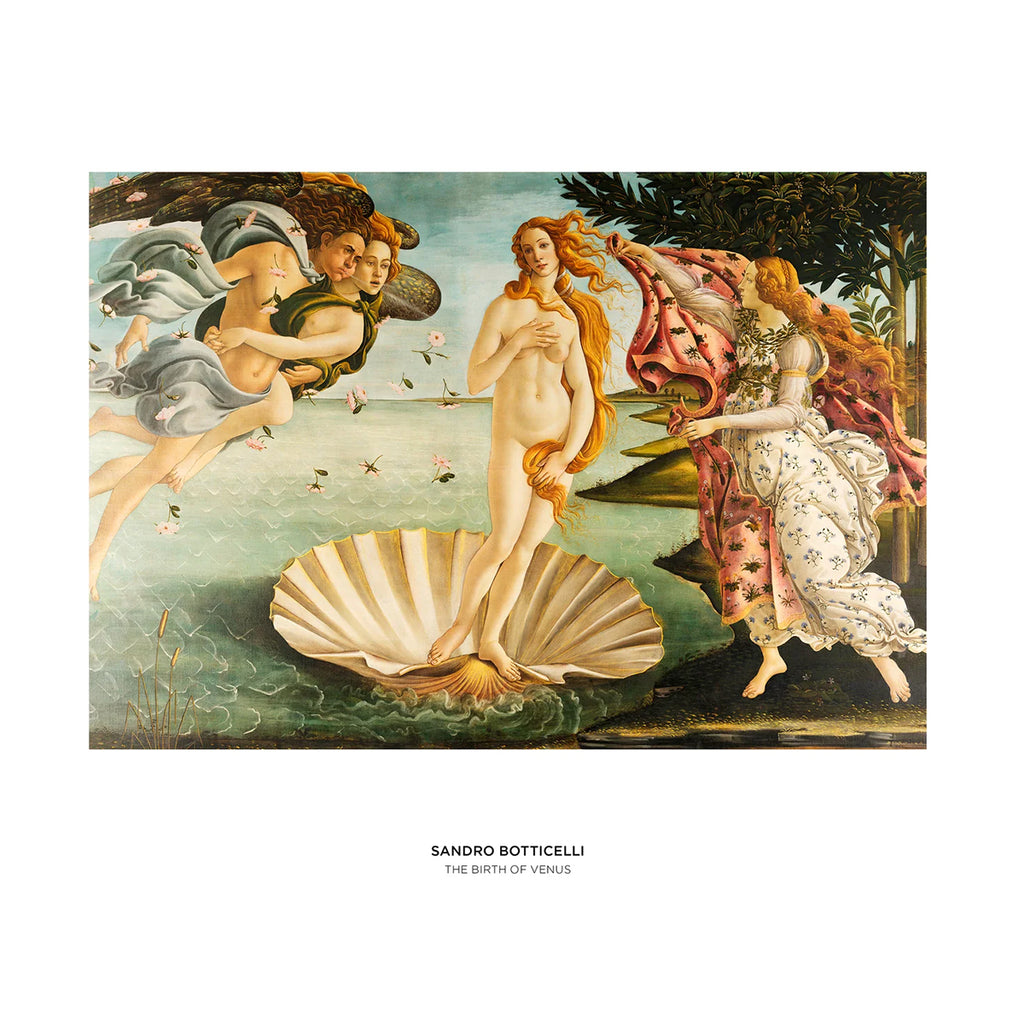 A framed-style art print of Sandro Botticelli's 'The Birth of Venus' centred on a white background, with the artwork showing Venus standing on a shell and surrounding figures in a classical scene. Small text below the print reads 'SANDRO BOTTICELLI' and 'THE BIRTH OF VENUS'.