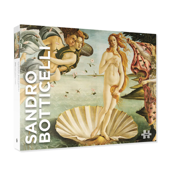 A 1000-piece jigsaw puzzle featuring Sandro Botticelli's classic painting 'The Birth of Venus'. The puzzle box is shown at a three-quarter angle against a plain white background, displaying the artist's name in large white text on the side and a small white puzzle-piece icon in the bottom right corner.