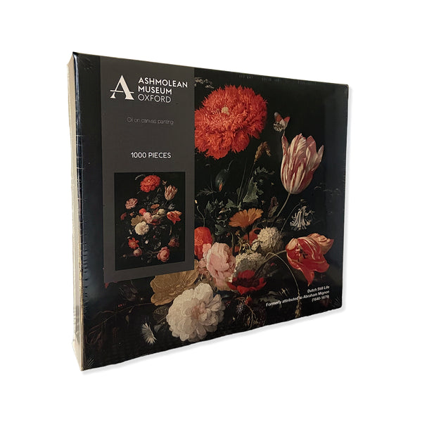 A 1000-piece jigsaw puzzle box from Ashmolean Museum Oxford, featuring a classic oil on canvas painting of a vibrant flower bouquet against a dark background.