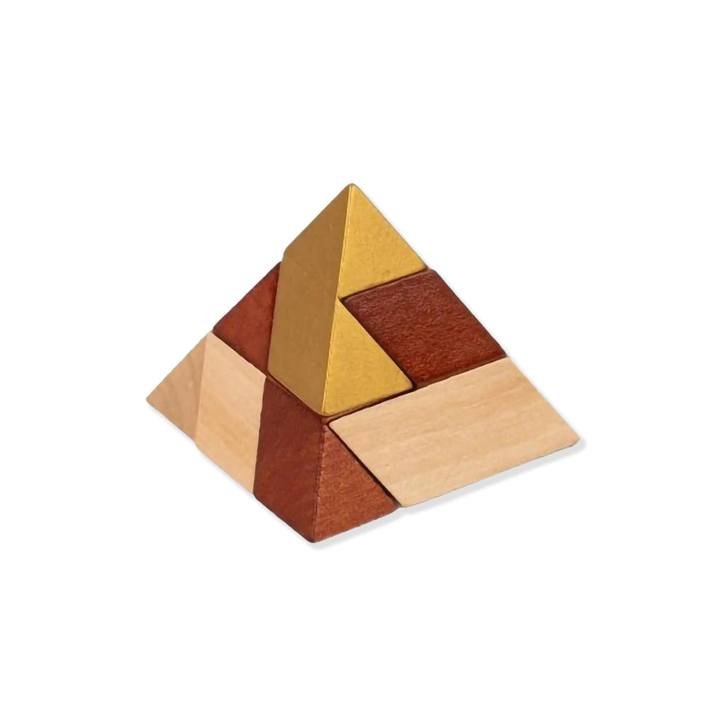 Wooden pyramid puzzle with triangular pieces on a white background
