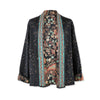 Black floral-patterned jacket with a colorful border on a white background