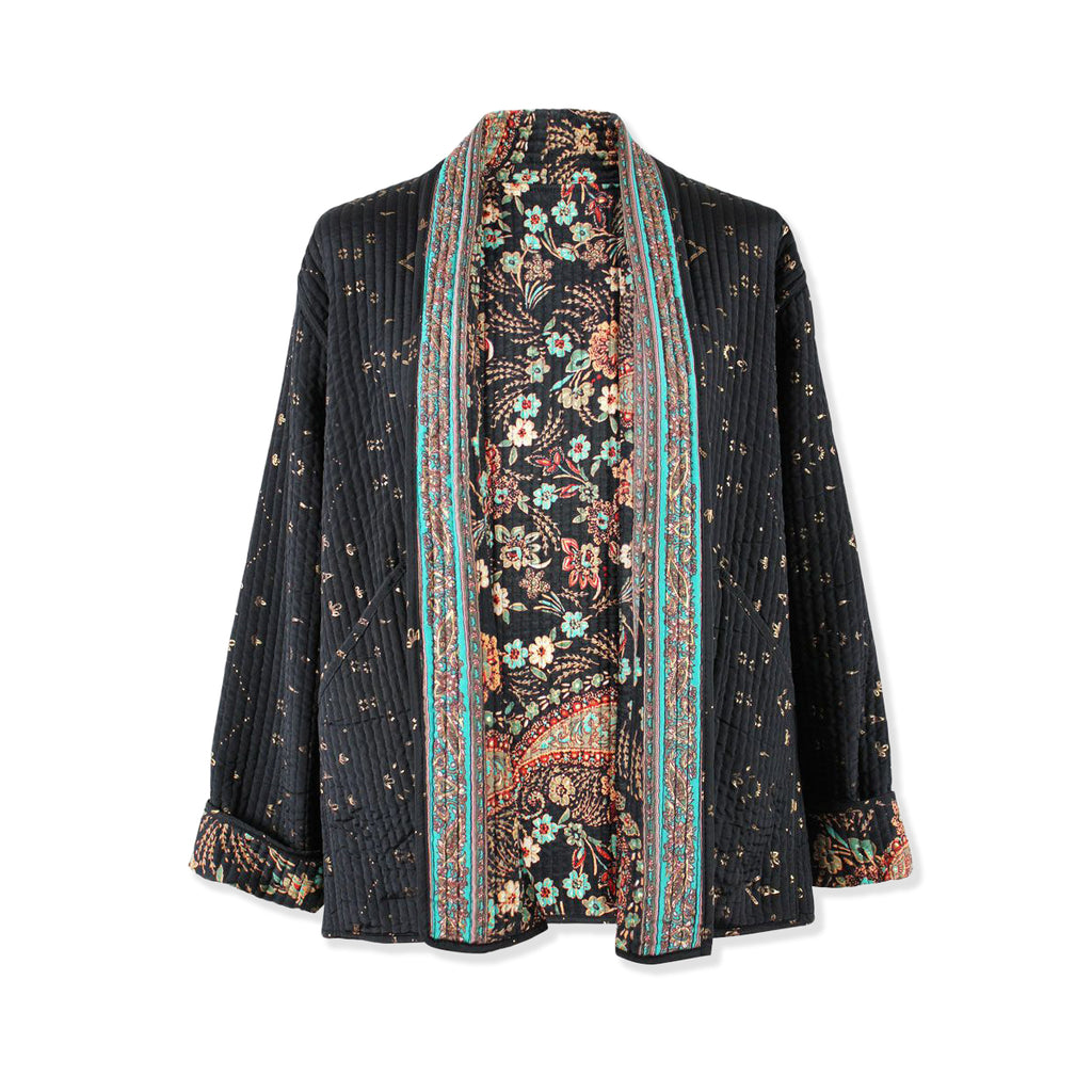 Black floral-patterned jacket with a colorful border on a white background