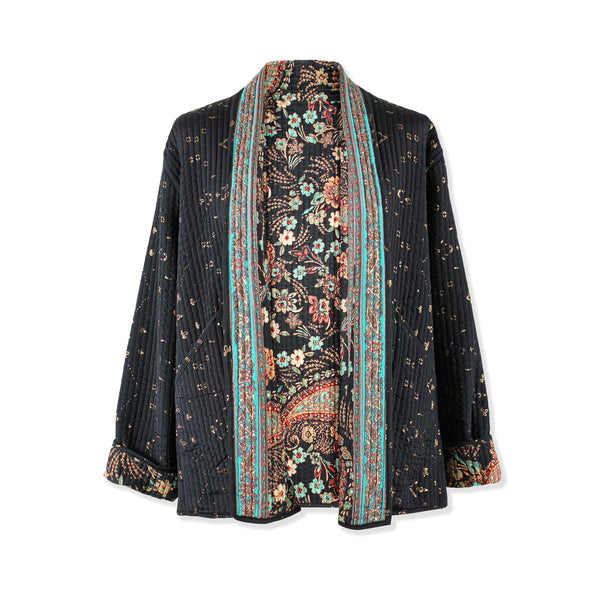 Black floral-patterned jacket with a colorful border on a white background