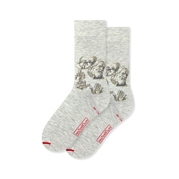 Grey crew socks with artwork of Raphael's Studies of Two Apostles on a white background.