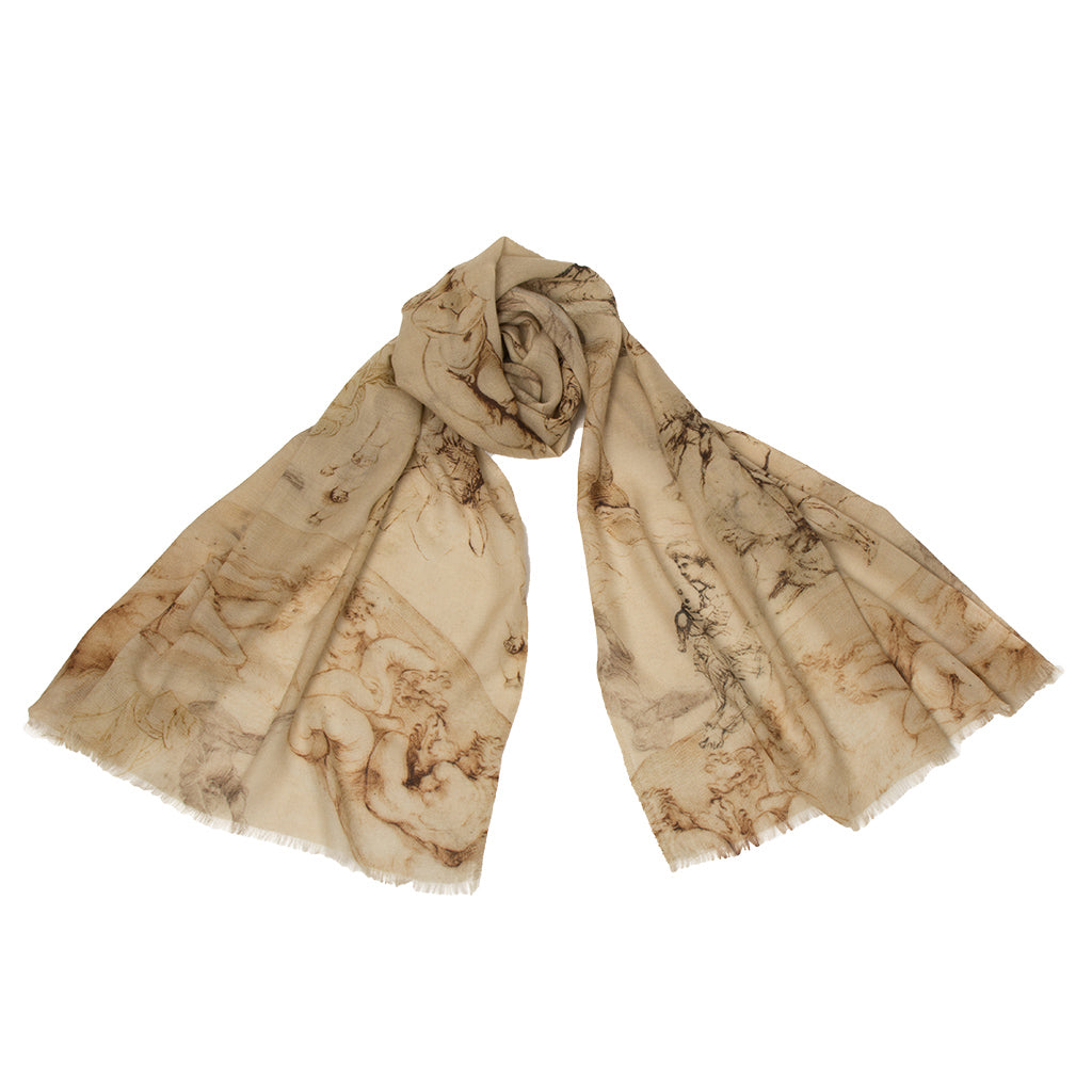 Tied scarf featuring Raphael Angels on a neutral background
