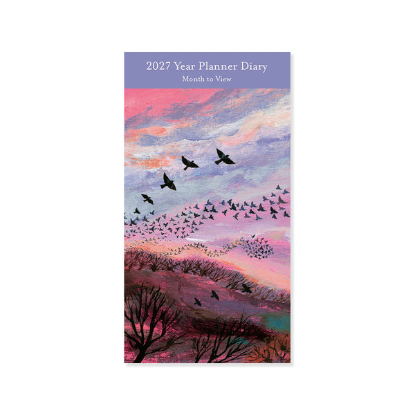 2027 Year Planner Diary with a colourful design of birds and trees flying against a red twilight sky on a white background