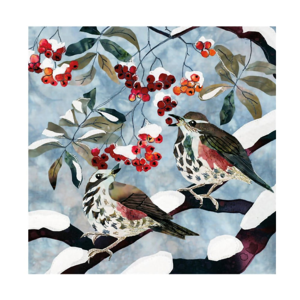 Artistic depiction of redwing birds on branches with berries and snow