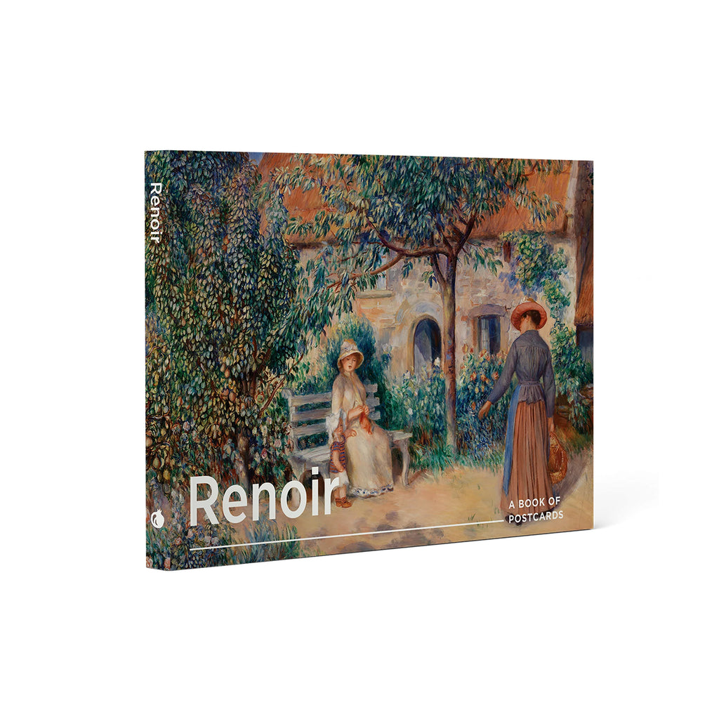 A postcard book titled 'Renoir: A Book of Postcards' featuring a classic Impressionist painting of a garden scene on the cover, shown at a three-quarter angle against a plain white background.