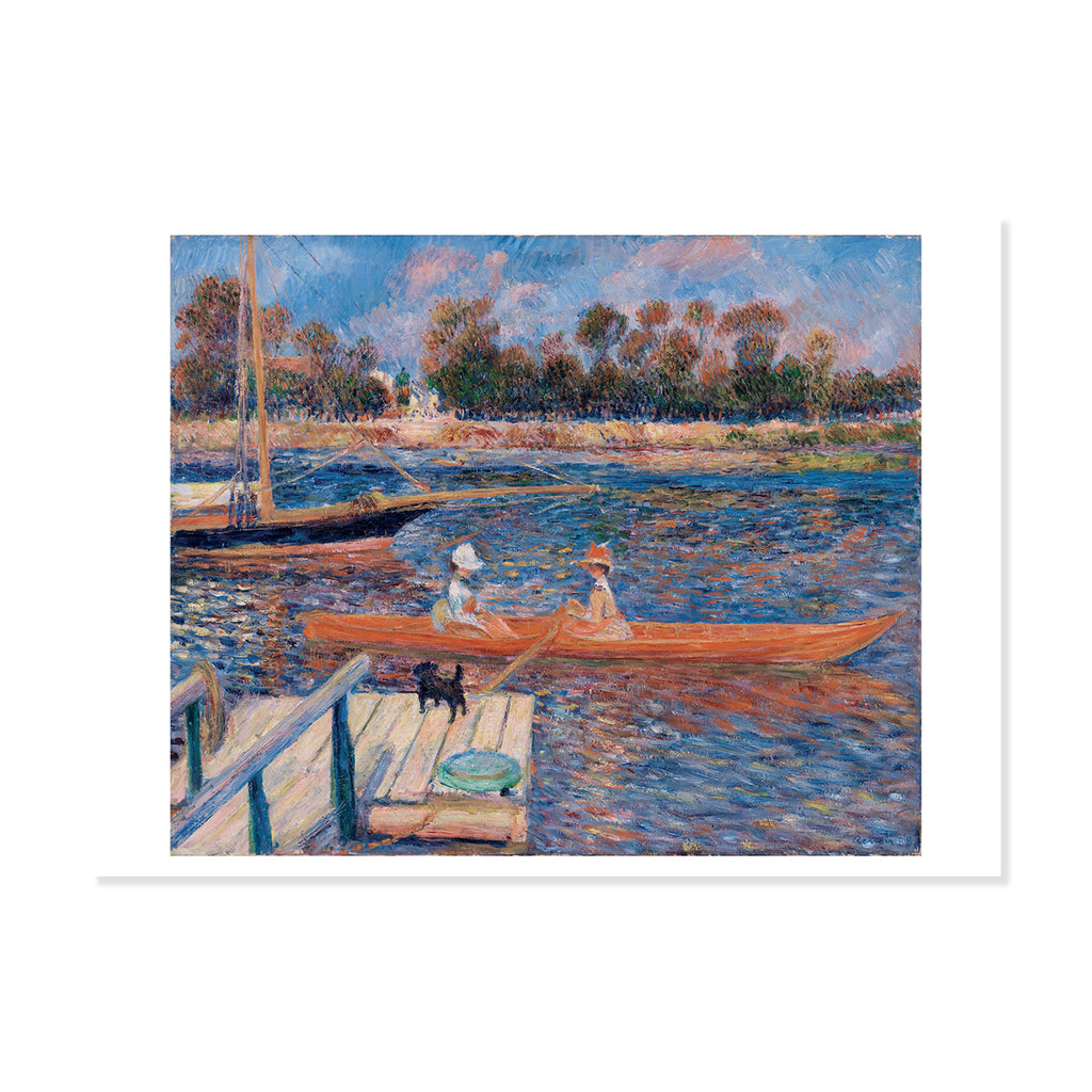 Postcard featuring Impressionist painting of Renoir's 'The Seine at Argenteuil' from 1888 showing a calm lake scene with a wooden rowboat, two people in the boat, a dock in the foreground, trees along the far bank, and a blue sky with pink and orange clouds.