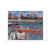 Postcard featuring Impressionist painting of Renoir's 'The Seine at Argenteuil' from 1888 showing a calm lake scene with a wooden rowboat, two people in the boat, a dock in the foreground, trees along the far bank, and a blue sky with pink and orange clouds.