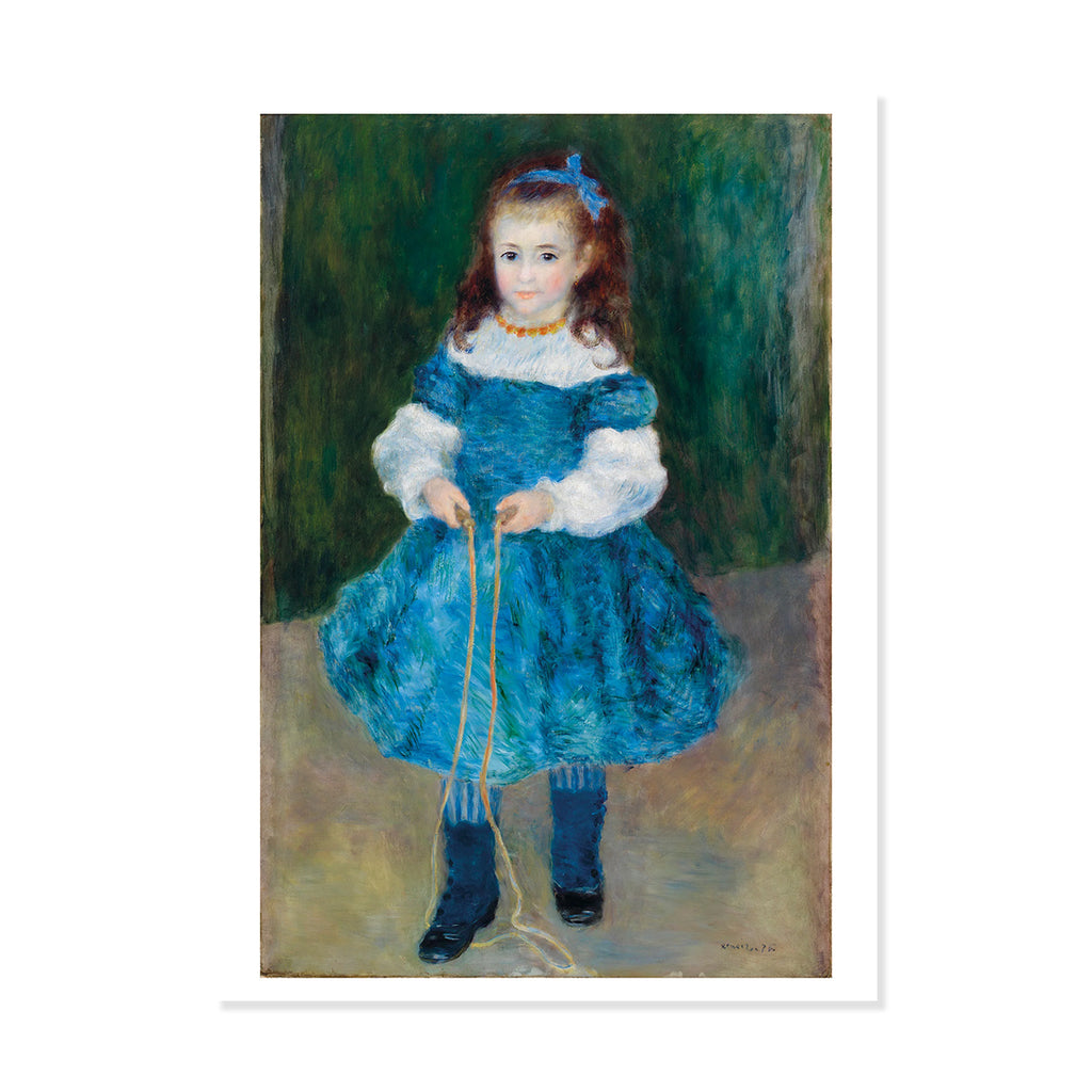 Postcard featuring Impressionist painting of Renoir's 'Girl with a Jump Rope (Portrait of Delphine Legrand)' from 1876 depicting a young girl in a blue dress and dark boots, shown against a white background with a subtle drop shadow.