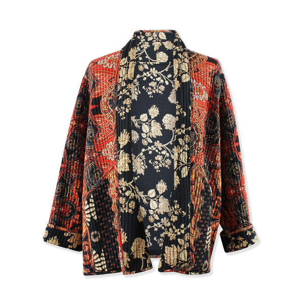 Patterned quilted jacket with a mix of red, black, and beige colours on a white background