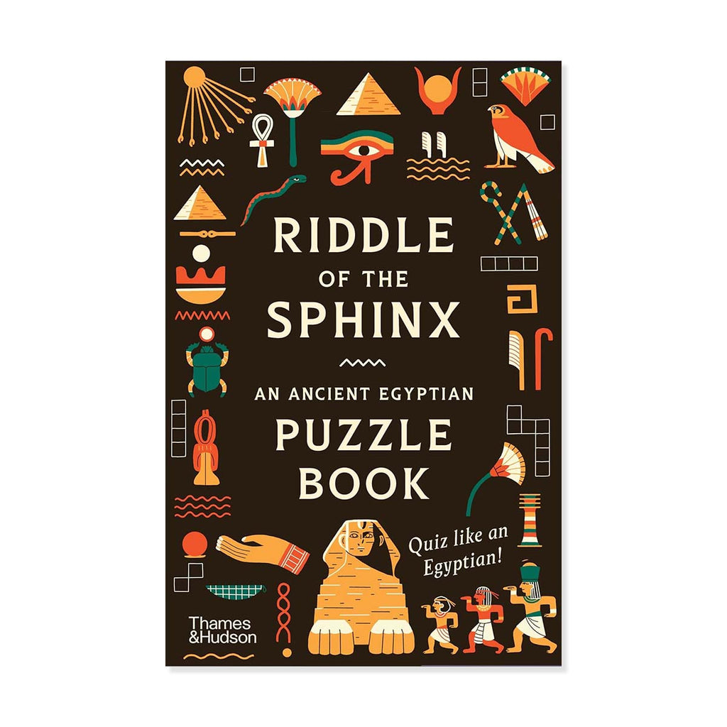 Book cover of 'Riddle of the Sphinx' puzzle book with Egyptian-themed illustrations on a black background.