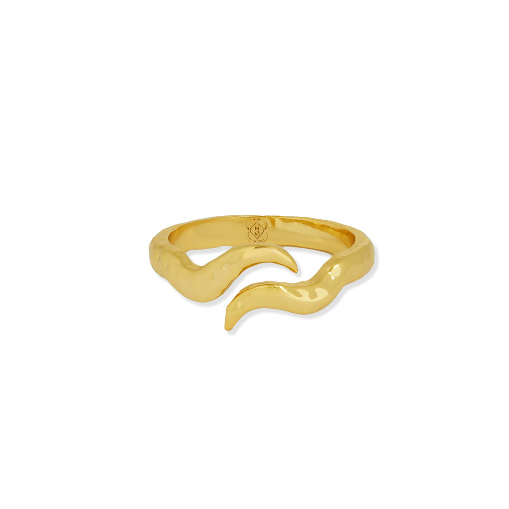 A gold-toned open wrap ring with a wavy, organic silhouette and a hammered texture, shown on a plain white background.