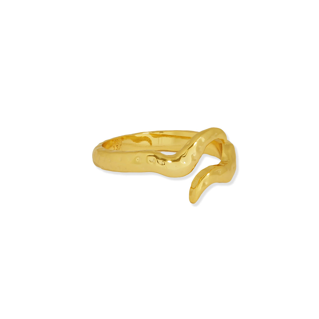 A gold-toned open wrap ring with a wavy, organic silhouette and a hammered texture, shown on a plain white background.