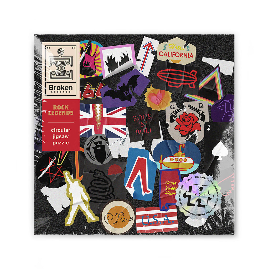 Packaging of a puzzle with colourful graphics and text on a black background