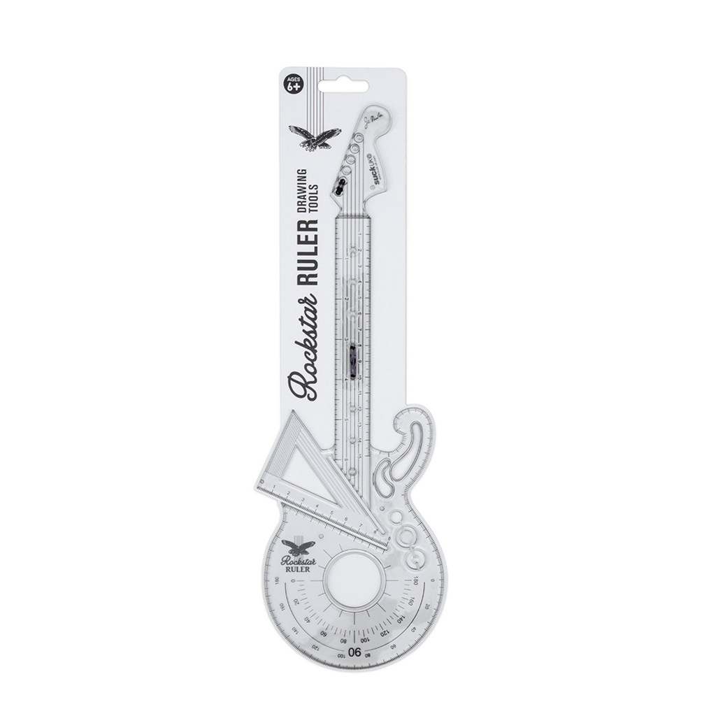 Plastic guitar-shaped ruler with protractor and packaging on a white background