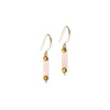 A pair of gold-tone dangle earrings featuring a light pink rectangular stone and faceted gold beads, shown against a plain white background.