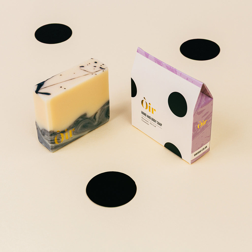 Oir hand and body soap with packaging on a white background