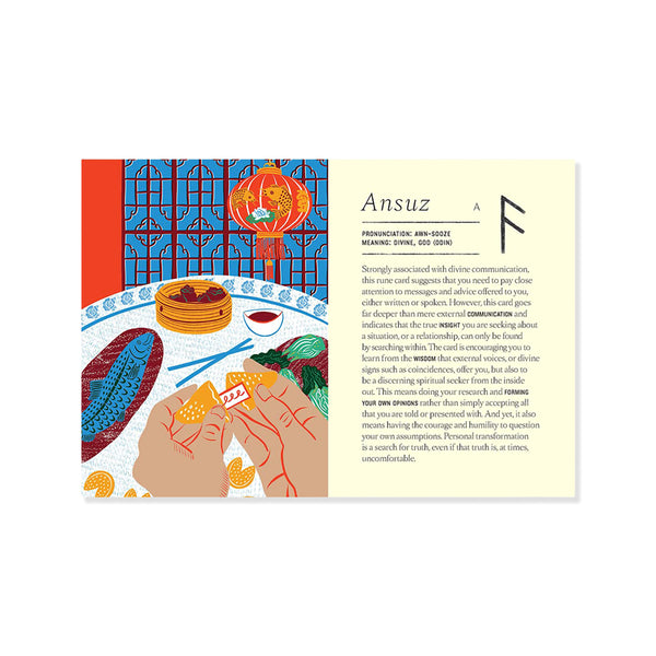 Card with illustration of hands holding cartoon fortune cookie and food with text on a white background